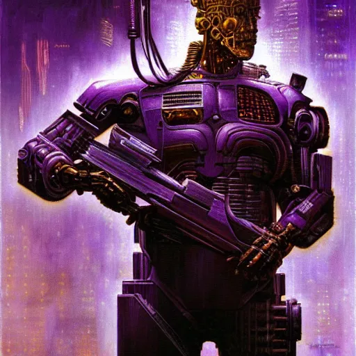 Image similar to schwarzenegger as cyberpunk xenohunter, atmospheric lighting, painted, intricate, golden and purple hour, ultra detailed by peter gric, giger, enki bilal