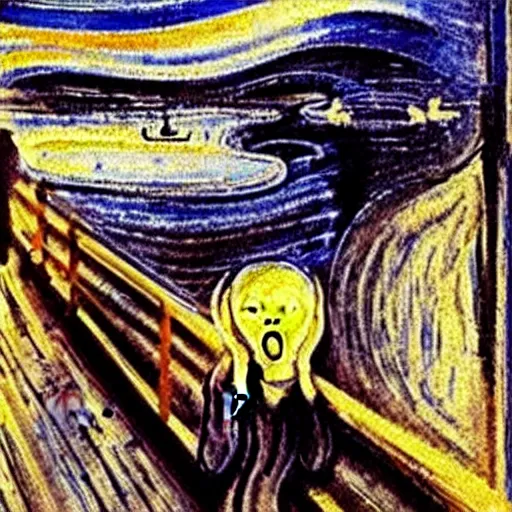 Prompt: painting of edvard munch's the scream with van gogh's the starry night in the background, detailed