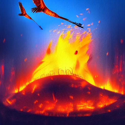 Image similar to in the lower part of the picture is the harp burning in the fire, above are cranes flying in flames, digital painting, concept art