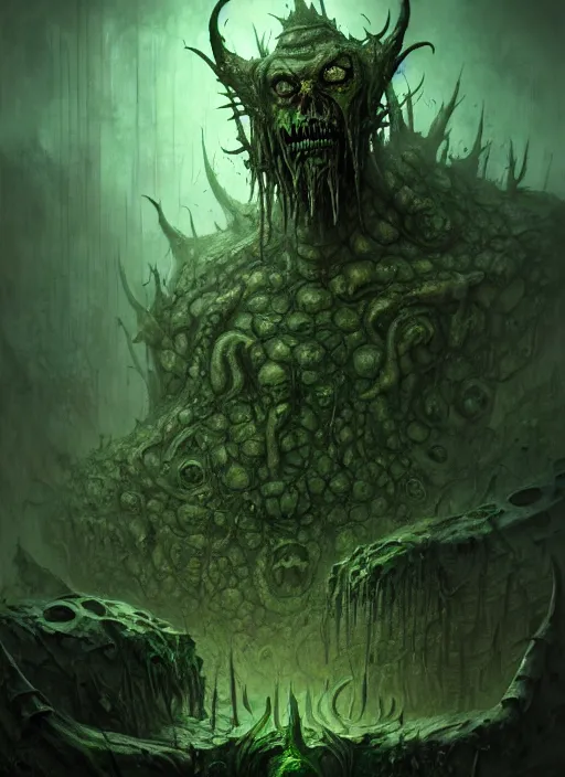 Image similar to portrait of nurgle, rotting pools, evil, grim dark, gloomy, mist, warhammer 4 0 k, intricate, elegant, evil green candles, highly detailed, digital painting, artstation, concept art, smooth, sharp focus, illustration, art by wlop, mars ravelo and greg rutkowski