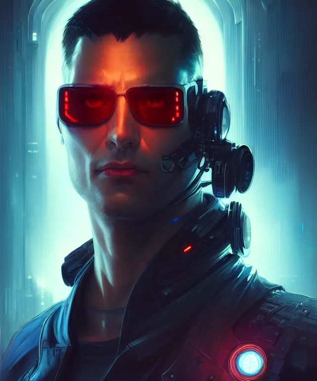 Image similar to Hacker cyberpunk man portrait, highly detailed, digital painting, artstation, concept art, smooth, sharp focus, illustration, art by artgerm and greg rutkowski and alphonse mucha