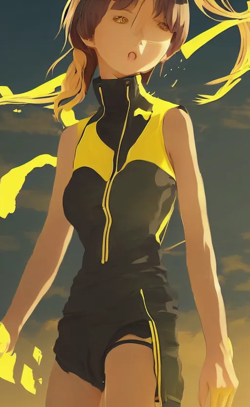 Image similar to character design, manga style, realistic lighting, realistic anatomy, solid colors, made by ilya kuvshinov, safebooru, from arknights, female beach volley player, elegant, futuristic yellow lens, sport clothing, simple background