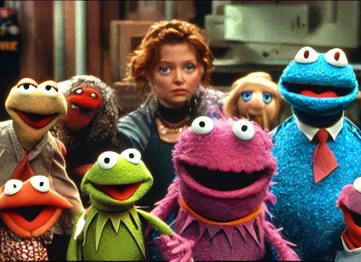 Prompt: scene from the 1 9 9 9 science fiction film muppet matrix