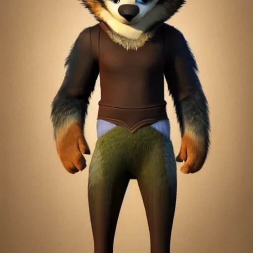 Image similar to far shot, 3d render , anthropomorphic wolf male , wearing along brown leather jacket , in the style of Zootopia