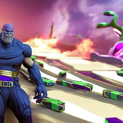 Image similar to photo of thanos playing domino rally