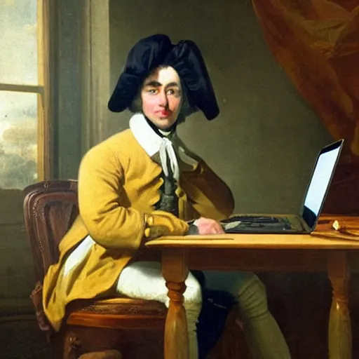 Prompt: 1 8 th century man - dressed in attire of that era, sitting down coding on a lap top