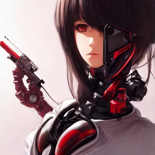 Image similar to A cyborg girl with big and cute eyes, fine-face, realistic shaded perfect face, fine details. red and black robotic parts. Very anime. Realistic shaded lighting poster by Ilya Kuvshinov katsuhiro, magali villeneuve, artgerm, Jeremy Lipkin and Michael Garmash, Rob Rey and Kentarõ Miura style, trending on art station