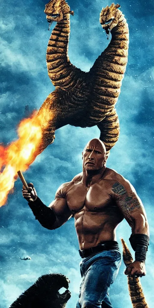 Image similar to movie poster of dwayne johnson with a baseball bat fighting king ghidorah outside a space station