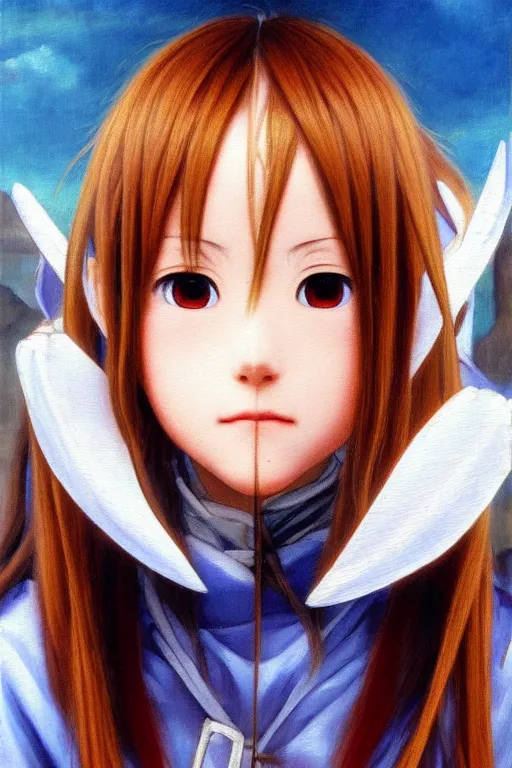 Prompt: beautiful oil painting of Asuna Yuuki from SAO, chestnut hair, (((symmetrical face))), by Titian and Alexander Roslin