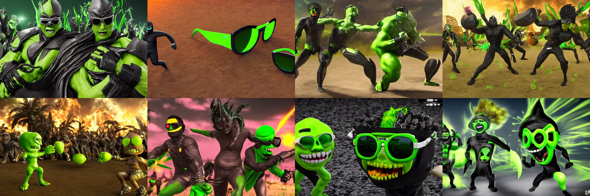 Prompt: Evil lime with black sunglasses fights evil corn with black sunglasses in the form of humanoid pumped up warriors, photorealistic, 8K, UHD, highly detailed