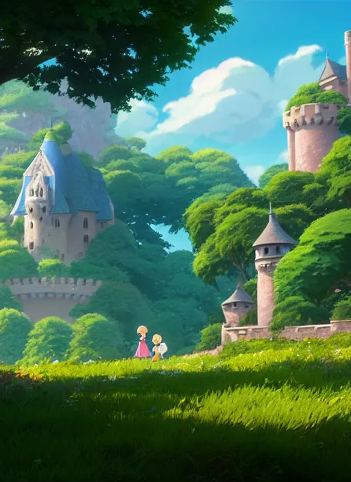 Image similar to a wholesome animation key shot, castle in the background, foliage in the foreground, studio ghibli, pixar and disney animation, sharp, rendered in unreal engine 5, anime key art by greg rutkowski, bloom, dramatic lighting