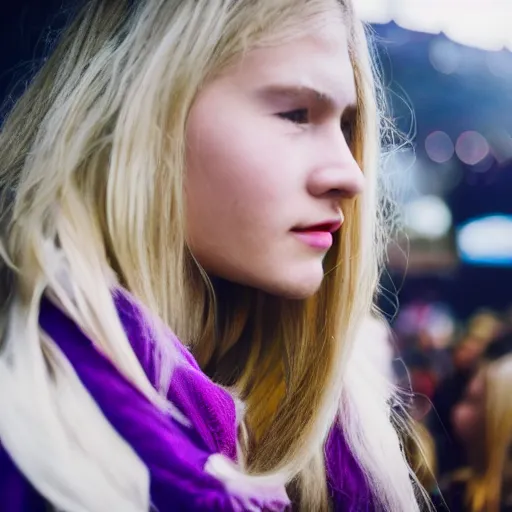 Image similar to ultra high resolution close - up of a very beautiful young woman with blond long hair, making up, standing in crowd of music festival, looking down at the camera. her face is partially obscured by a purple scarf, and she has a lovely smiling expression. the light is dim, and the colours are muted. kodak etkar 1 0 0.