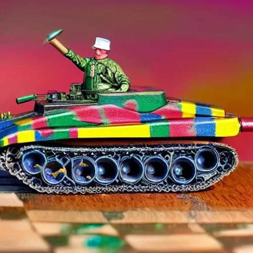 Prompt: photograph of a diorama of a miniature tin army tank driving across a chessboard, vibrant colors, bokeh, macro photography