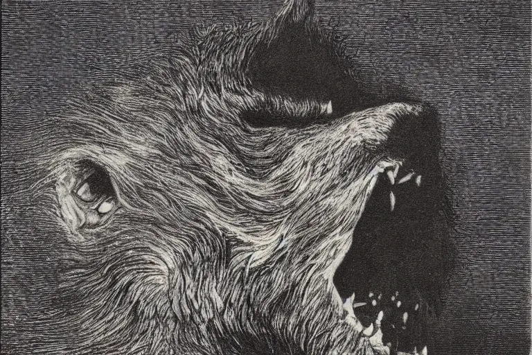 Image similar to werewolf face, Gustave Dore lithography