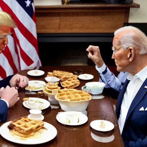 Image similar to trump and Biden sitting and eating breakfast at a Wafflehouse