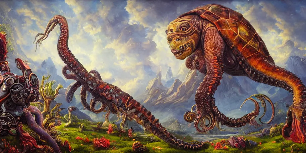 Image similar to fantasy oil painting, great leviathan, cybernetic turtle cephalopod terrapin reptilian pachyderm squid, bella hadid, hybrid, milla jovovich, anubis, epic natural light, lush plants flowers, spectacular mountains, bright clouds, luminous sky, outer worlds, golden hour, michael cheval, edward hopper, michael whelan, vray, hd