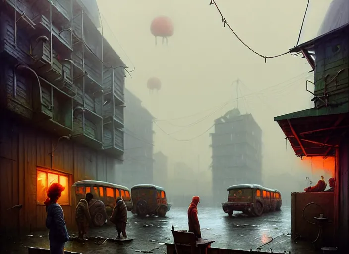 Image similar to waiting in line for cold soup by simon stalenhag and gil elvgren and tom bagshaw and marc simonetti and quint buchholz and jan miense molenaer, slums, highly detailed, hyperrealism, dreary, cold, cloudy, grey, smog, high contrast, solarpunk, high saturation