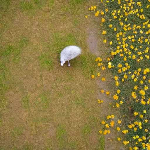 Prompt: the scene is of an ostrich in a field of flowers. the colors are soft and muted, with the ostrich being the only thing in focus. the camera shot is from above, looking down on the scene.