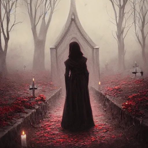 Prompt: a painting of a woman standing in a graveyard, an ultrafine detailed painting by seb mckinnon, featured on cgsociety, gothic art, darksynth, dark and mysterious, ominous vibe, red leaves on the ground