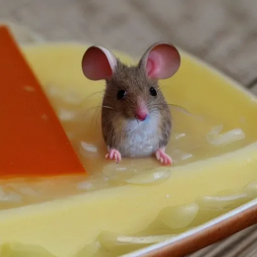 Prompt: mouse on a raft made of cheese floating down the river