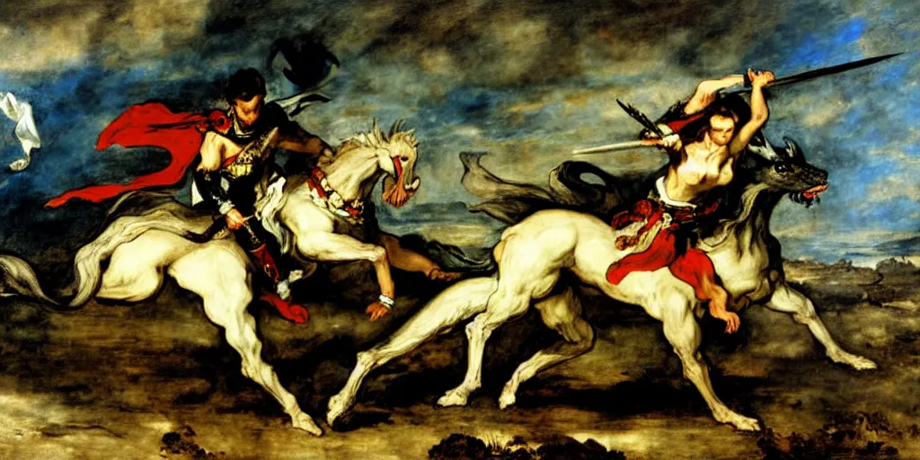 Image similar to knight fighting dragon, art by eugene delacroix