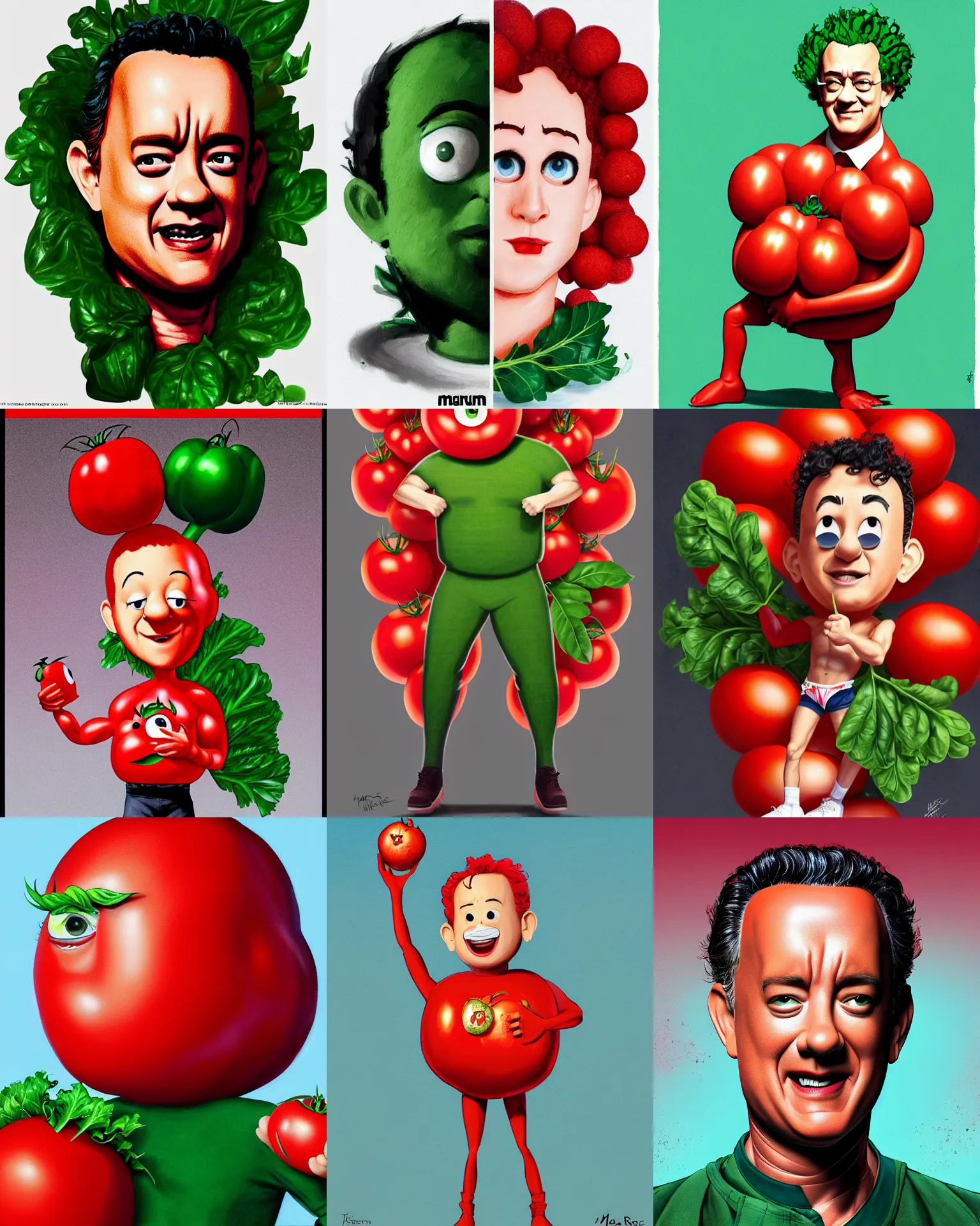 Prompt: tom hanks as tomato hanks mascot, his skin is red with leafy green hair, animation character, dramatic lighting, london fashion week, bedazzled fruit costumes, shaded lighting poster by magali villeneuve, artgerm, jeremy lipkin and michael garmash, rob rey and kentaro miura style, trending on art station