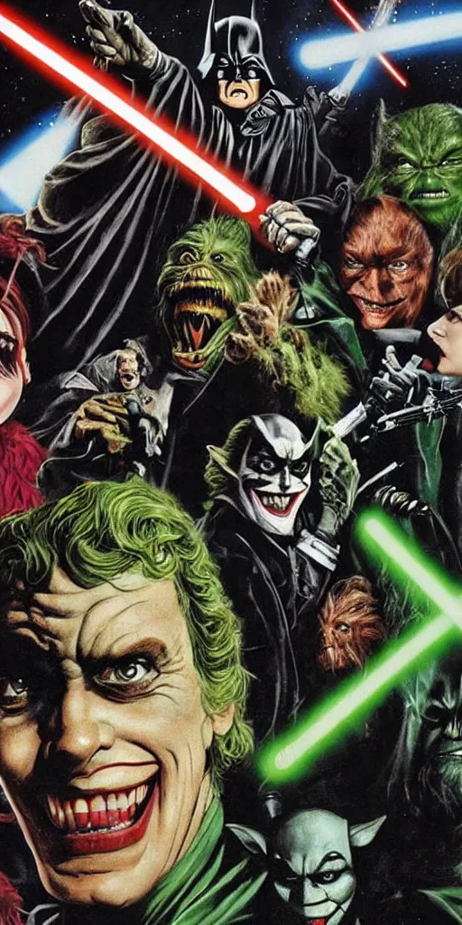 Image similar to a Star Wars Return of the Jedi movie poster with Batman, the Joker, the Green Goblin, and Catwoman