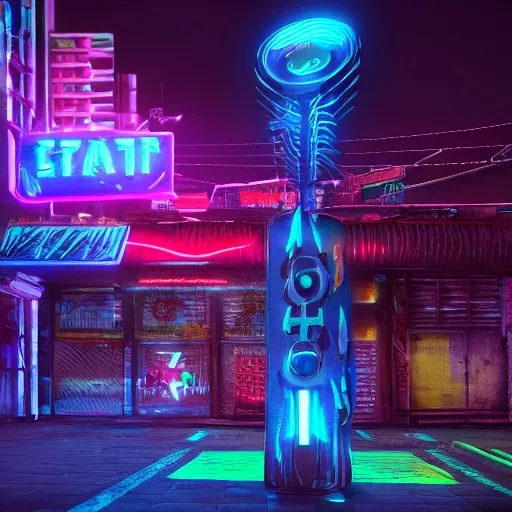 Image similar to shaman cyberpunk, shaman totems, shaman symbols, shaman architecture, neon billboards, neon lights, photorealistic, vfx, elegant, ultra sharp lines, 4 k, unreal engine 5, octane render, extreme contrast