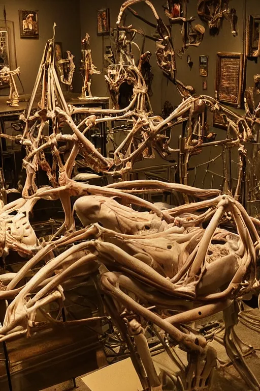 Prompt: inside a museum, a room where anatomical flesh body parts are piece of arts at night biomechanical, filth and grim, wires and strings, very detailed, ultra realistic photography, grainy image