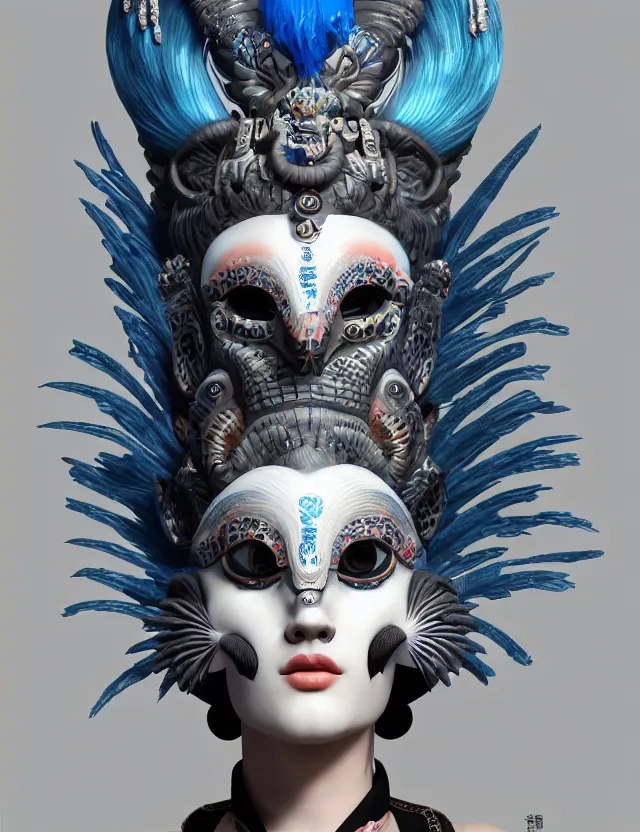 Image similar to 3 d goddess close - up profile portrait russian punk with mohawk with ram skull. beautiful detailed japanese crow kitsune mask and clasical japanese kimono. betta fish, jellyfish phoenix, bio luminescent, plasma, ice, water, wind, creature, artwork by tooth wu and wlop and beeple and greg rutkowski