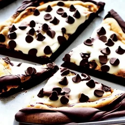 Prompt: chocolate chunk pizza drizzled in chocolate sauce topped with whipped cream