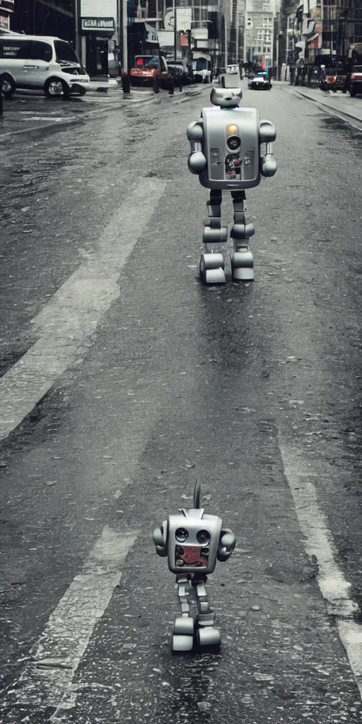 Image similar to robot on the road, city, photo, rain,