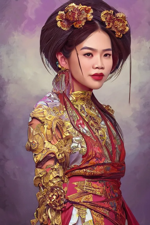 Prompt: portrait of an indonesian celebrity wearing tradistional dress, highly detailed, digital painting, artstation, concept art, sharp focus, illustration, art by kittichai rueangchaichan and james gurney and alphonse mucha