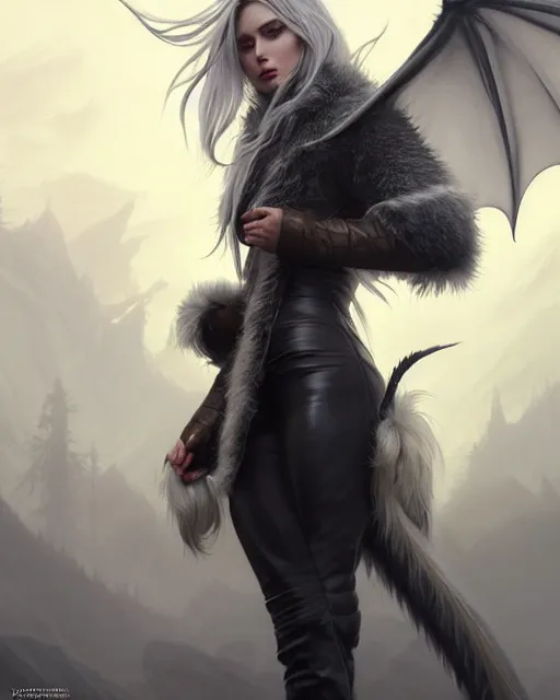 Image similar to dragon hunter wearing a fur - lined dragonhide jacket!!! beautiful and gorgeous wild white long haired female!! symmetry, character concept art, sharp focus, illustration, art by artgerm! greg rutkowski magali villeneuve wlop! ilya kuvshinov!! charlie bowater! octane render, unreal engine 5, highly rendered!