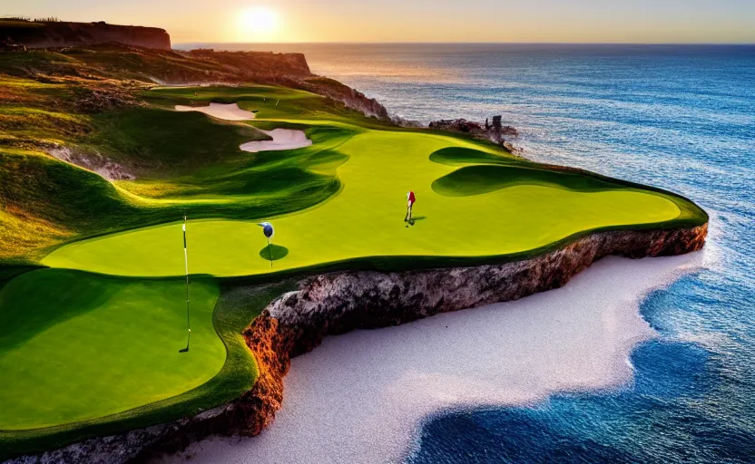 Image similar to a great photograph of the most amazing golf hole in the world, cliffs by the sea, perfect green fairway, human perspective, ambient light, 5 0 mm, golf digest, top 1 0 0, golden hour