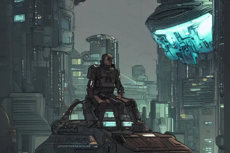 Image similar to comic book illustration, an android soldier sits on the turret of a futuristic tank, cyberpunk concept art by josan gonzales and Moebius, highly detailed, intricate, sci-fi, sharp focus, Trending on Artstation HQ, deviantart