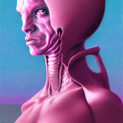 Prompt: pink scifi woman, by wayne barlowe