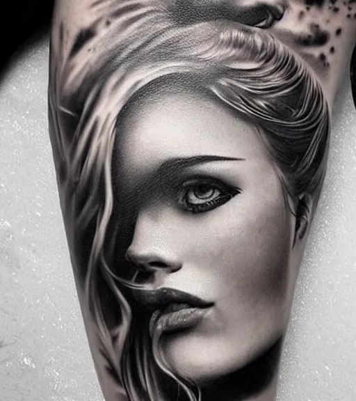 Image similar to a beautiful girl portrait at amazing nature and mountains, realism tattoo design, in the style of den yakovlev, black and white, hyper realistic, highly detailed