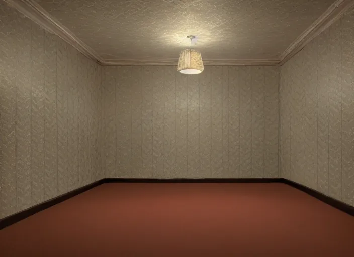 Image similar to an endless space of empty connecting rooms with old vanilla colored wallpaper from the 1970s and brown carpet lit by tungsten lights, no windows