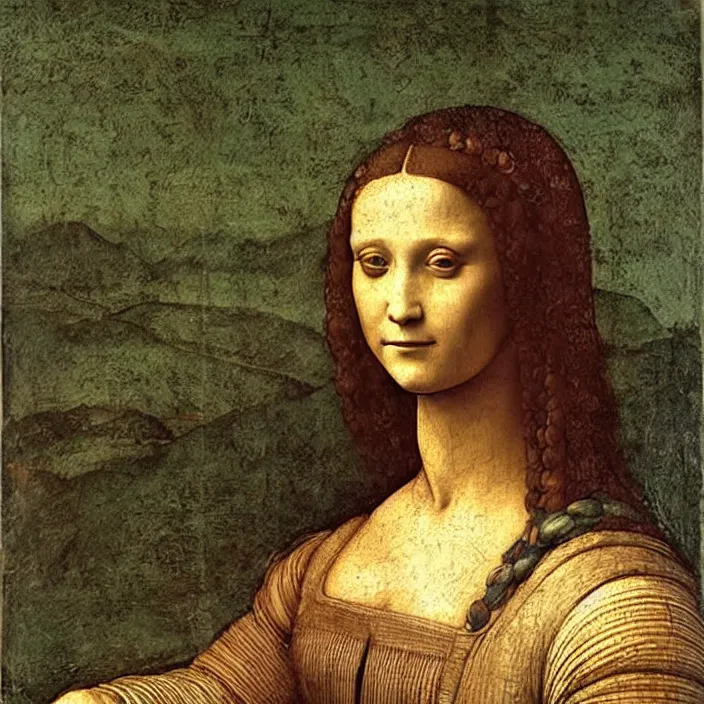 Prompt: a portrait of a woman painted by leonardo da vinci. the woman in the painting is shown seated with her hands folded in her lap. she is wearing a simple dress with a pattern of flowers. her hair is pulled back from her face and she has a small, faint smile. the background of the painting is a landscape of rolling hills and mountains.