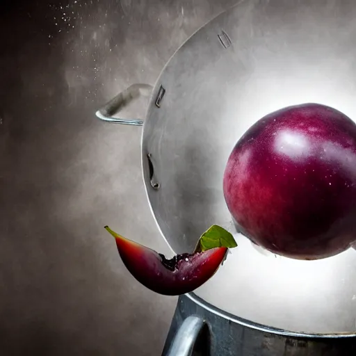 Image similar to a large plum being thrown into a meat grinder, realistic photograph, 4 k, hd