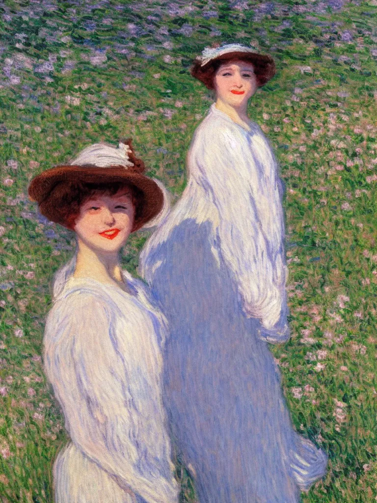 Image similar to a beautiful young frog, wearing 1 9 2 0 s fashion, brown hair, slim, fair, turning her head and smiling, severe out of focus, depth of field, azure sky, fluffy white clouds, pleinairism, in the sun, backlit, oil on canvas, by monet, in the style of le promenade, impressionnisme