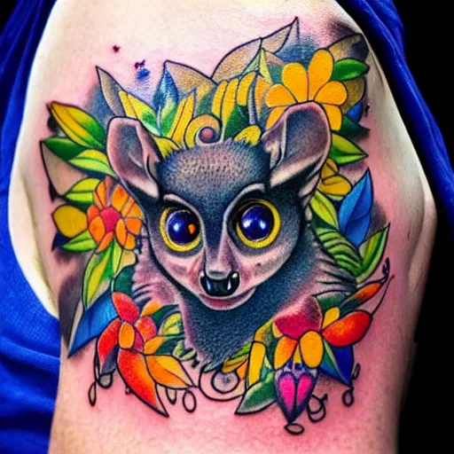 Prompt: shoulder tattoo of a multicolored trippy furry cute bushbaby, eyes are colorful spirals, surrounded with colorful flowers and ganja leaves, insanely integrate