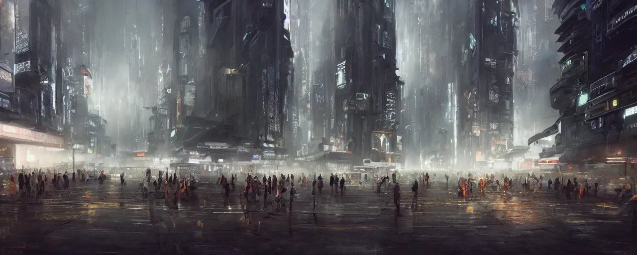 Image similar to close up ground level view of a futuristic bladerunner building and sidewalk busy with activity with of signages and billboards street venders and carts aliens and people with a floating cars on the streets by craig mullins, neil blevins, dylan cole, james paick, hyper realistic, night, environment fog, cinematic lighting, 8 k, vray render, artstation, deviantart,