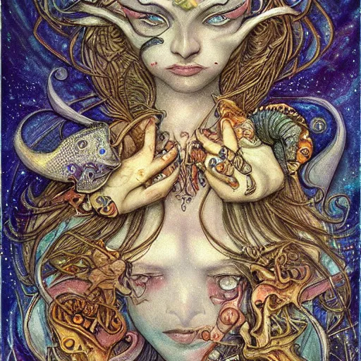 Image similar to detailed and sharp portrait of piscesthe fishes artistic zodiac artwork, mystic style, detailed, 8 k, detailed, symmetrical, by brian froud