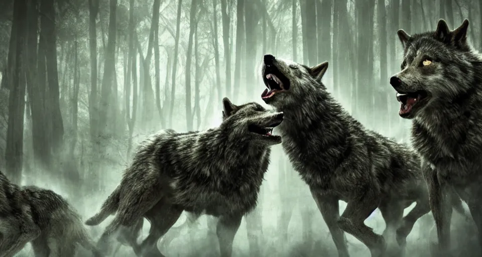 Prompt: an epic action photorealistic masterpiece of a rabid wolfpack, in a forest made of nightmares, horrific digital art, extremely moody lighting, style of chippy