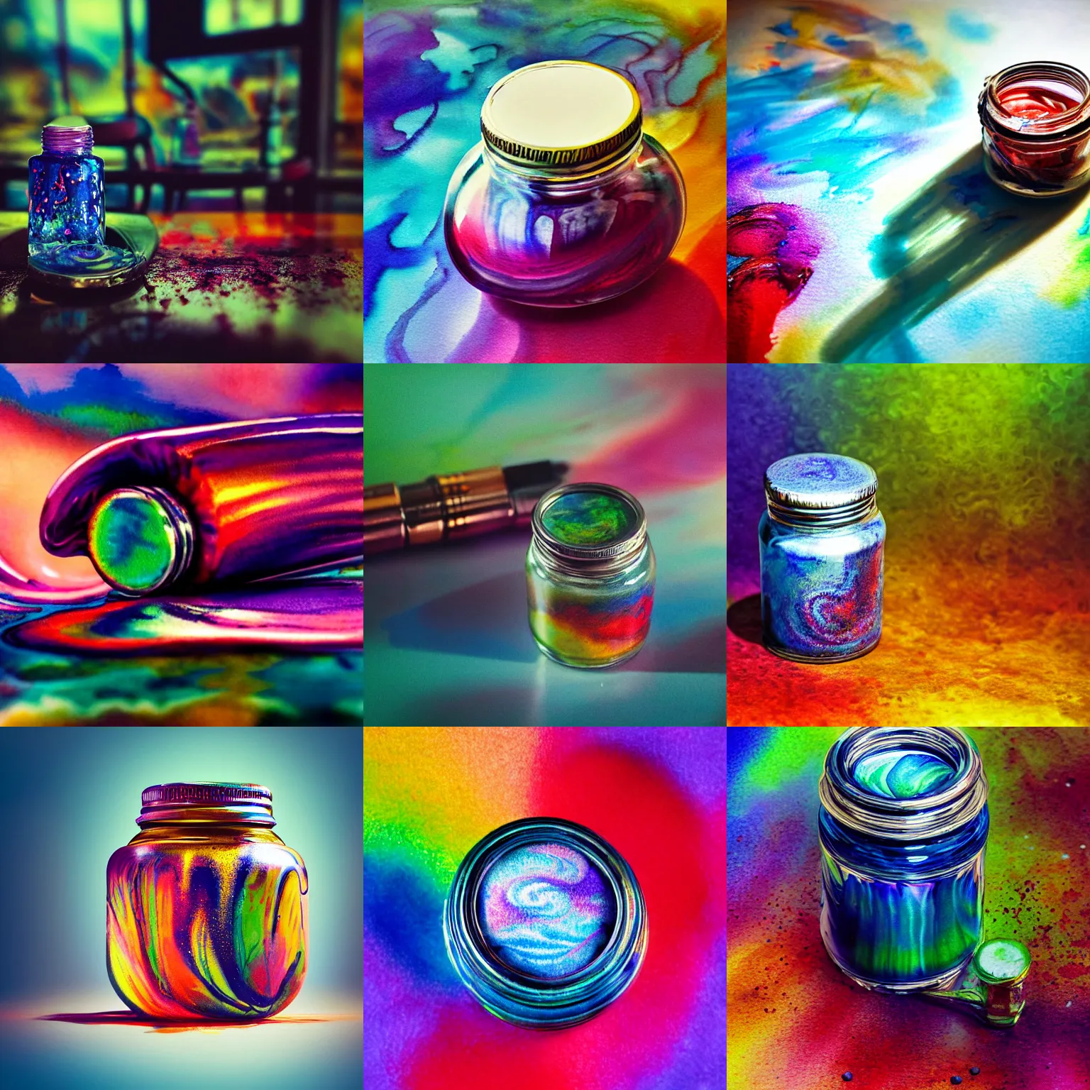 Prompt: airbrush of sealed jar of swirling ink shimmering on a desk near colorful octupus, dramatic afternoon lighting, intense watercolor, heavy metal, tilt shift, by moebius