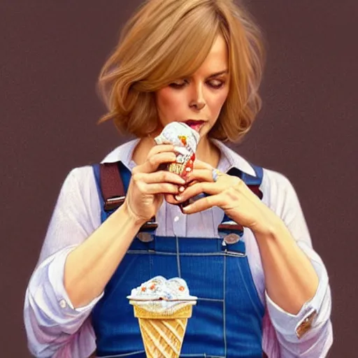 Image similar to portrait of a blonde fuller figured middle aged barbara bach from the bond film wearing blue dungarees and eating ice creams in porto, real life skin, intricate, elegant, highly detailed, artstation, concept art, smooth, sharp focus, art by artgerm and greg rutkowski and alphonse mucha