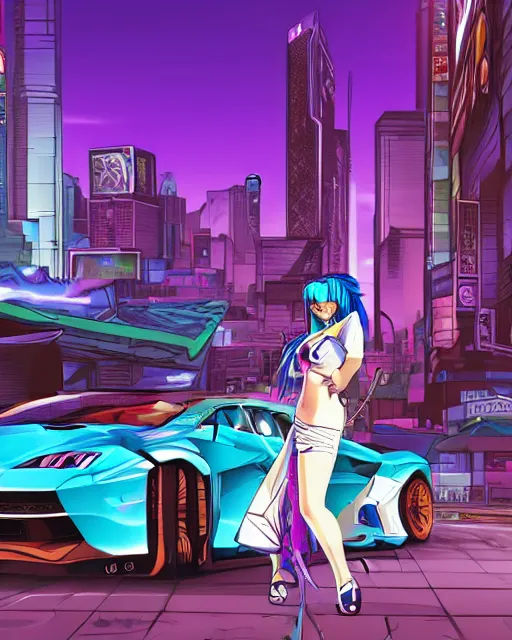 Image similar to cel shaded art of a pretty blue haired girl standing next to a purple lamborghinil, jet grind radio graphics, cyberpunk city street background