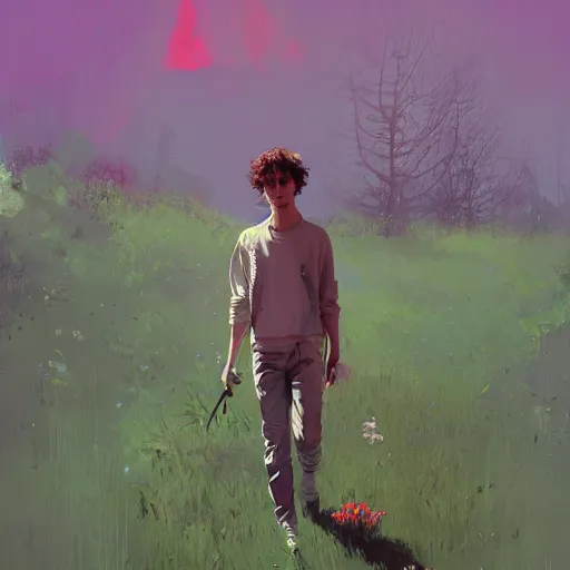 Image similar to timothee chalamet, concept art by jama jurabaev and ismail inceoglu and sparth, cel shaded, cinematic shot, trending on artstation, high quality, brush stroke, lawns, fluorescent spots, luminous flowers, and lonely atmosphere